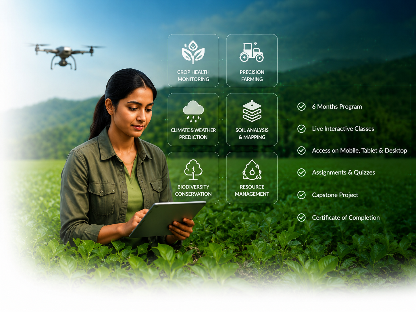 Agricultural scientist analyzing crop data on a tablet in a green field